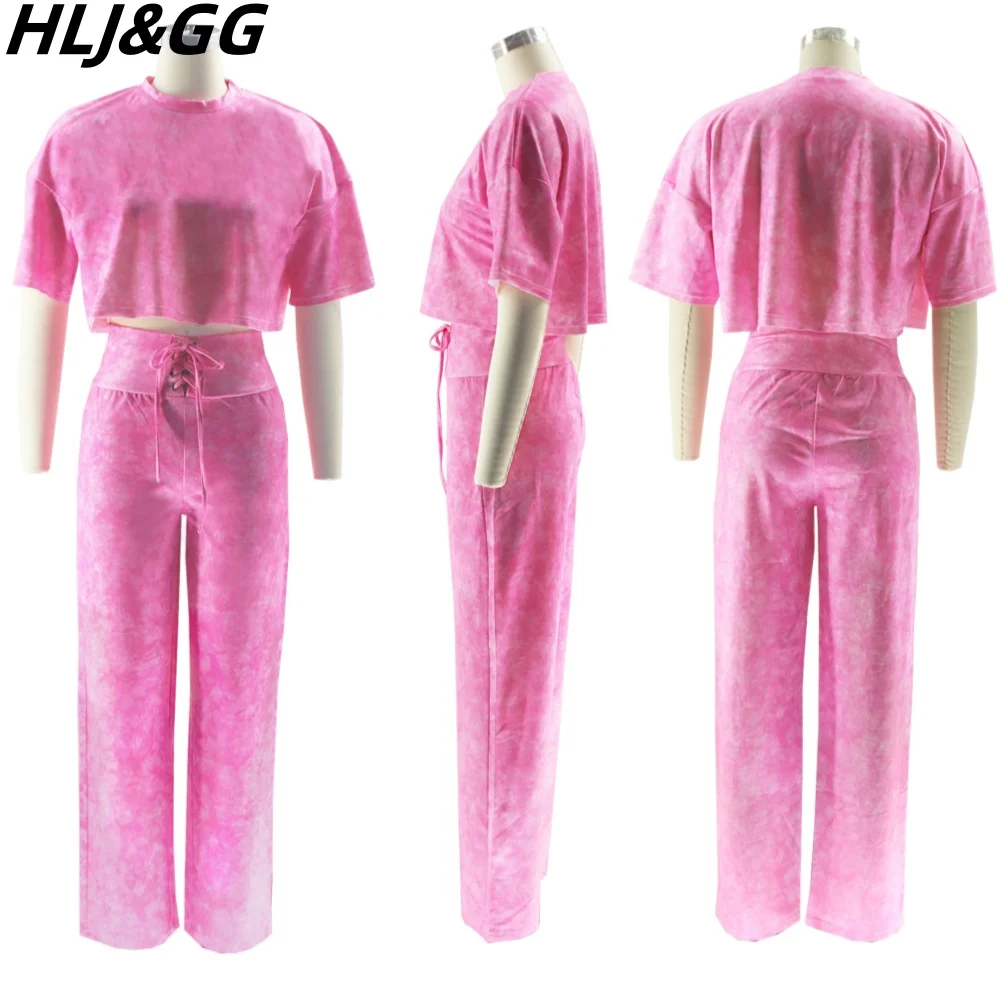 HLJ&GG Casual Solid Color Bandage Two Piece Sets Women Round Neck Short Sleeve Top And Pants Outfits Female OL Matching Clothing