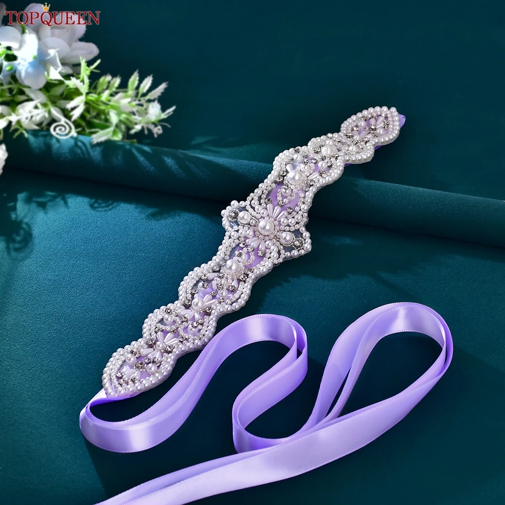 

TOPQUEEN Элегантный свадебный пояс ручной работы с жемчугом, фиолетовый аксессуар для свадебного платья, модные свадебные принадлежности, свадебный пояс S295