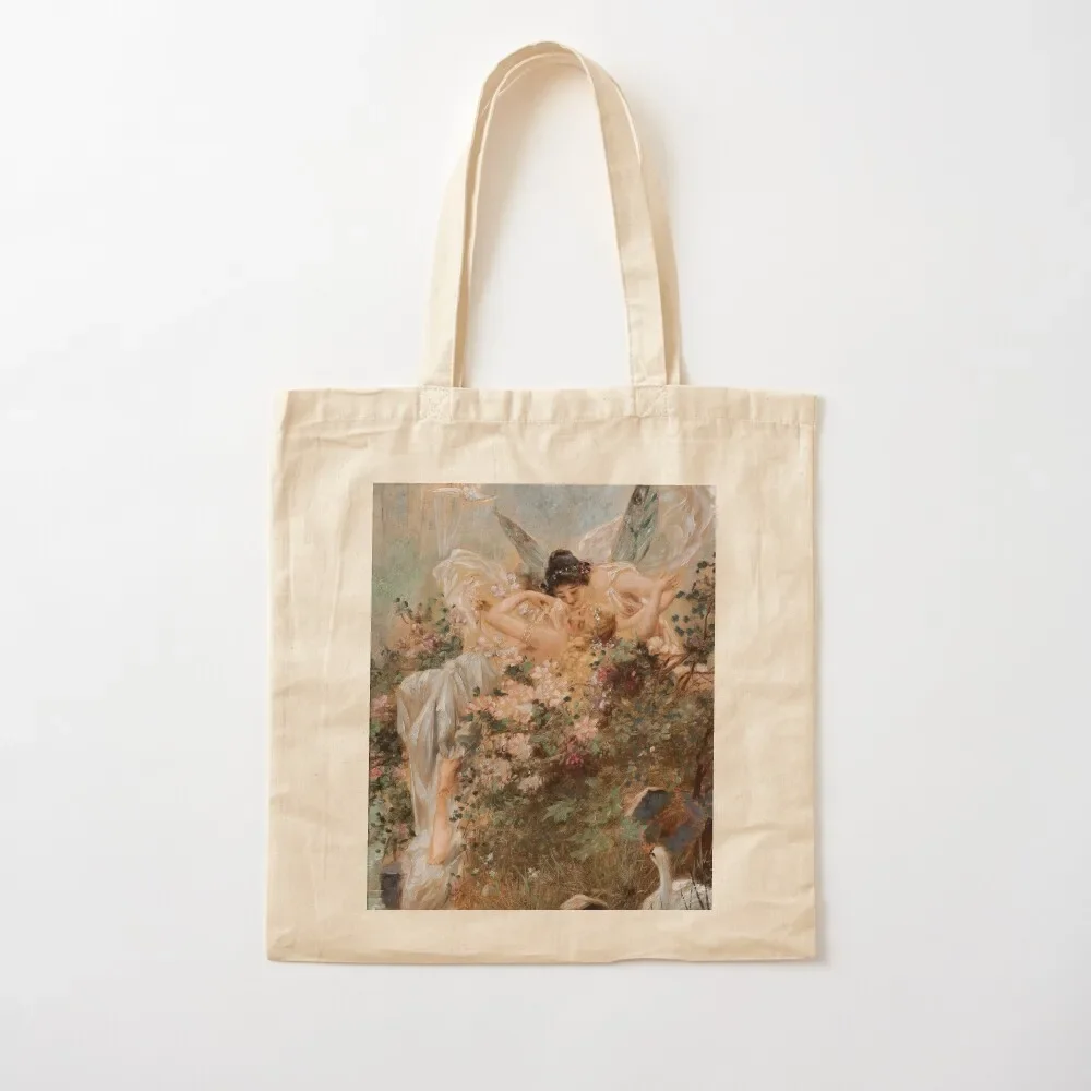 Two Fairies Embracing in a Landscape with a Swan by Hans Zatzka Tote Bag foldable reusable bag canvas bags Tote Bag