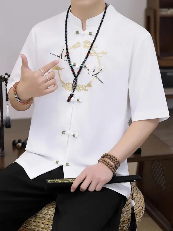 

Летний комплект из шелковой ткани с охлаждающим эффектом: повседневная мужская рубашка с коротким рукавом и брюки, винтажный костюм Ханьфу/Тан с пуговицами, легкий и дышащий.