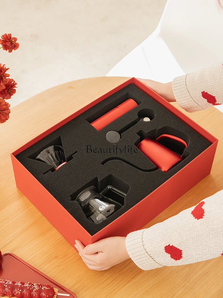 Chinese Red Full Set Pour-over Coffee Gift Box Manual Grinding Machine Coffee Pot Appliance