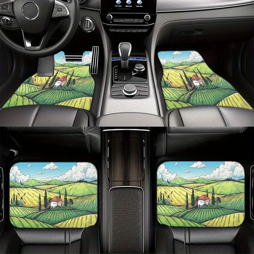 Field Painting Design Polyester Car Floor Mats - Universal Fit For Cars, Vans, SUVs - 1pc/2pcs/4pcs Artistic Auto Mat Set