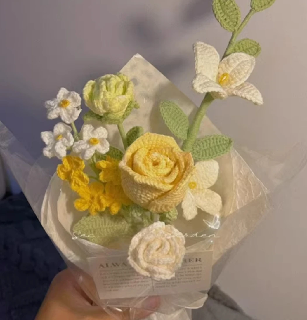 

Hand-knitted wine glass, rose mix and match bouquet, diy material package, homemade wool finished product, flowers for girlfrien