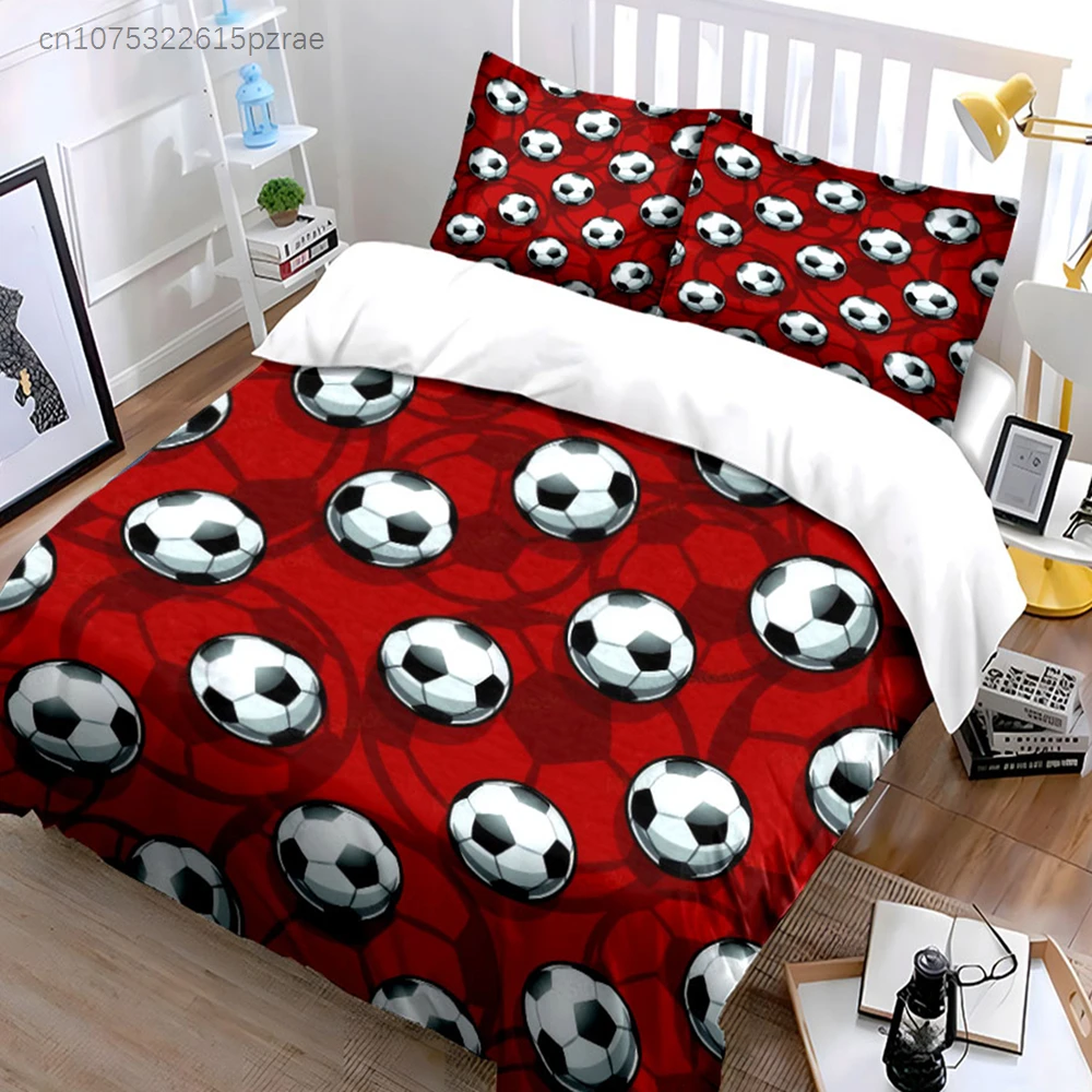 Red Background Soccer Ball Pattern 3PCS Bedding Set Soft Microfiber Bed Sheet Pillowcase Set For Kids Football Fans Room Decor