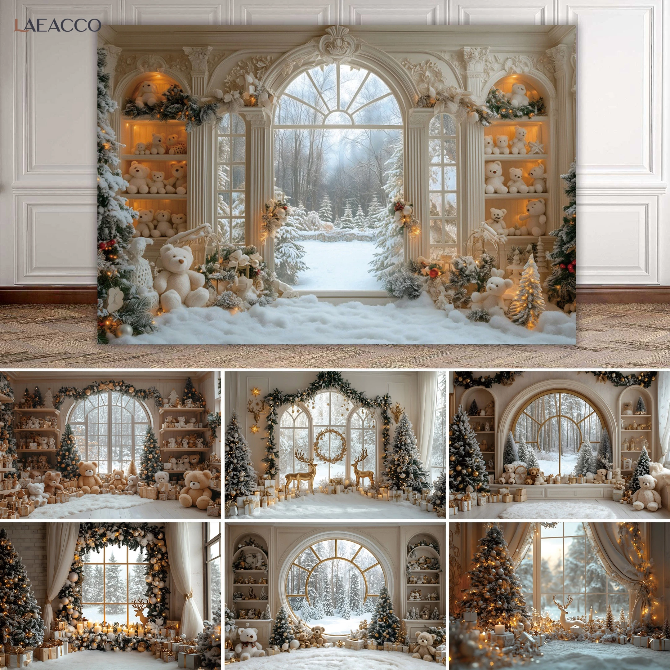 

Christmas Arch Window Photography Backdrop Xmas Tree Toy Bears Gift Box Candle Living Room Decor Child Portrait Photo Background