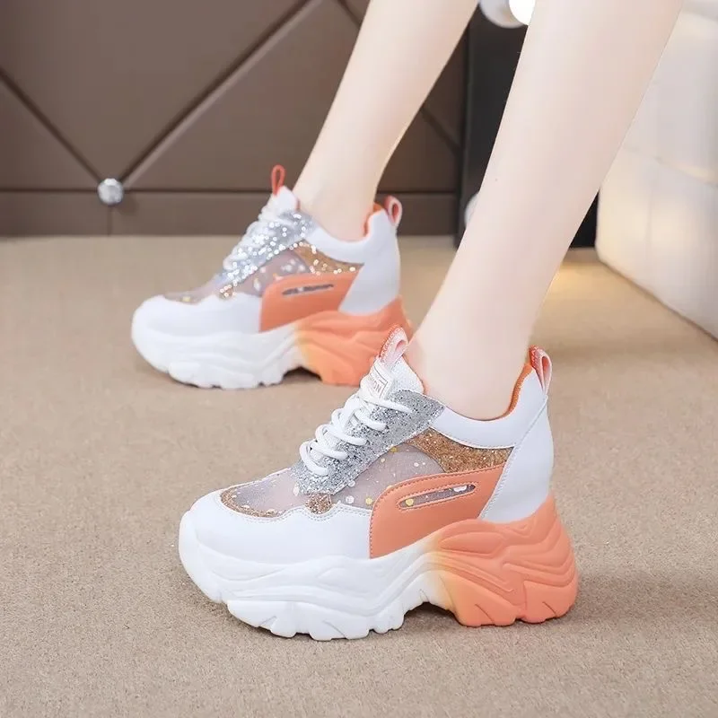 Shoes for Women Platform Shoes Autumn Women Casual Breathable Mesh Sequin Sneakers Wedges Sports Lace-up Non-slip Shoes