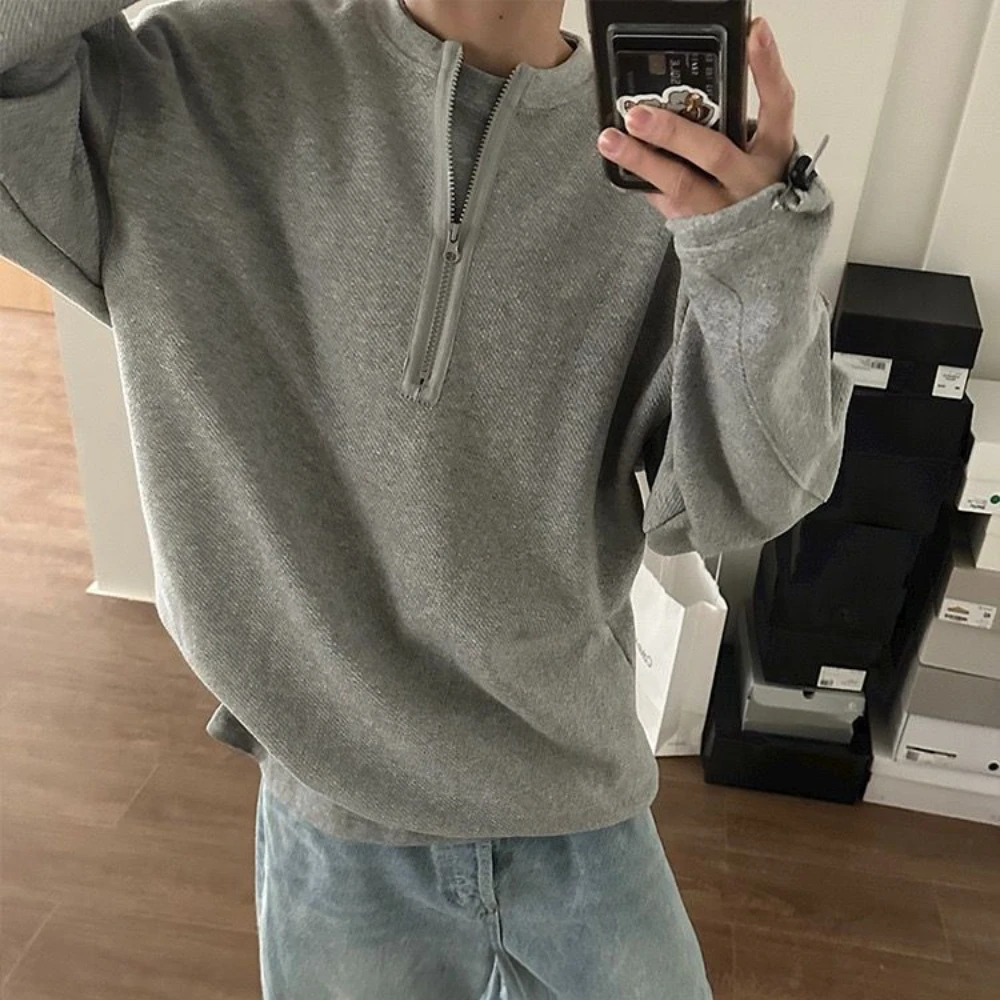 

Korean Retro Half-zip Sweatshirt Men's Spring and Autumn Trendy Brand Ins Loose Twill V-neck Long-sleeved Jacket Lazy Tops