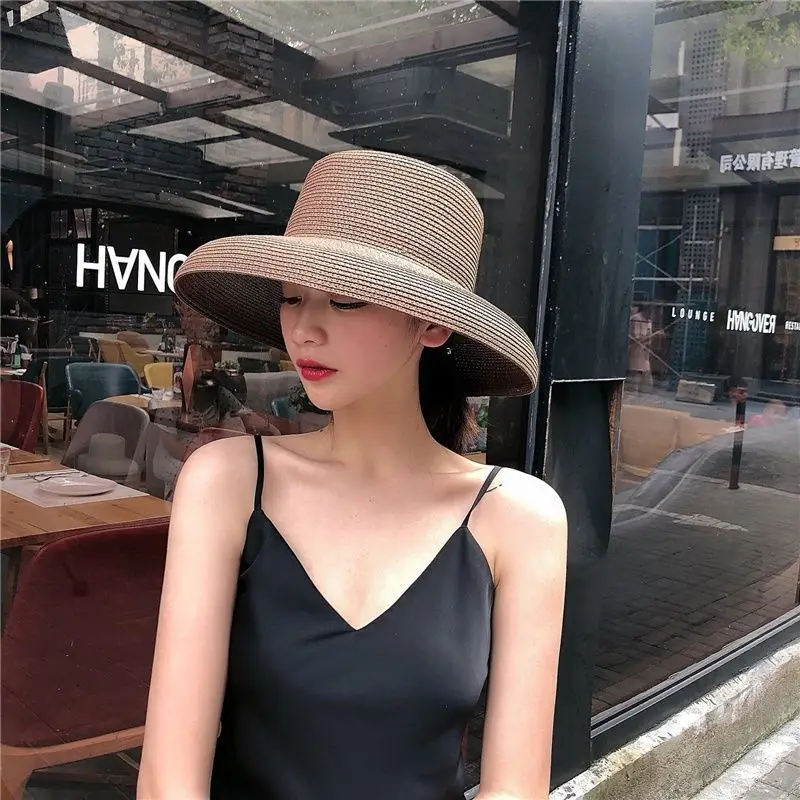 Sun Hat Women Summer Straw Hat French Retro Elegant Hepburn Black Straw Hat Wide Brim Protection Fashion Straw Visor Panama Cap