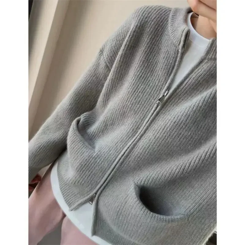 

Korean Simplicity Solid Color Zipper Sweaters Cardigan Autumn Winter All-match Casual Pockets Knitted Coat Women's Clothing Z618