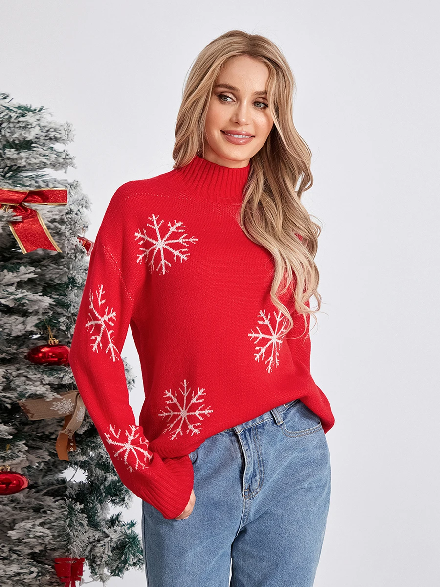 wsevypo Snowflake Jacquard Christmas Sweaters Women\'s Long Sleeve Turtleneck Knit Pullovers Fall Winter Loose Jumpers Tops