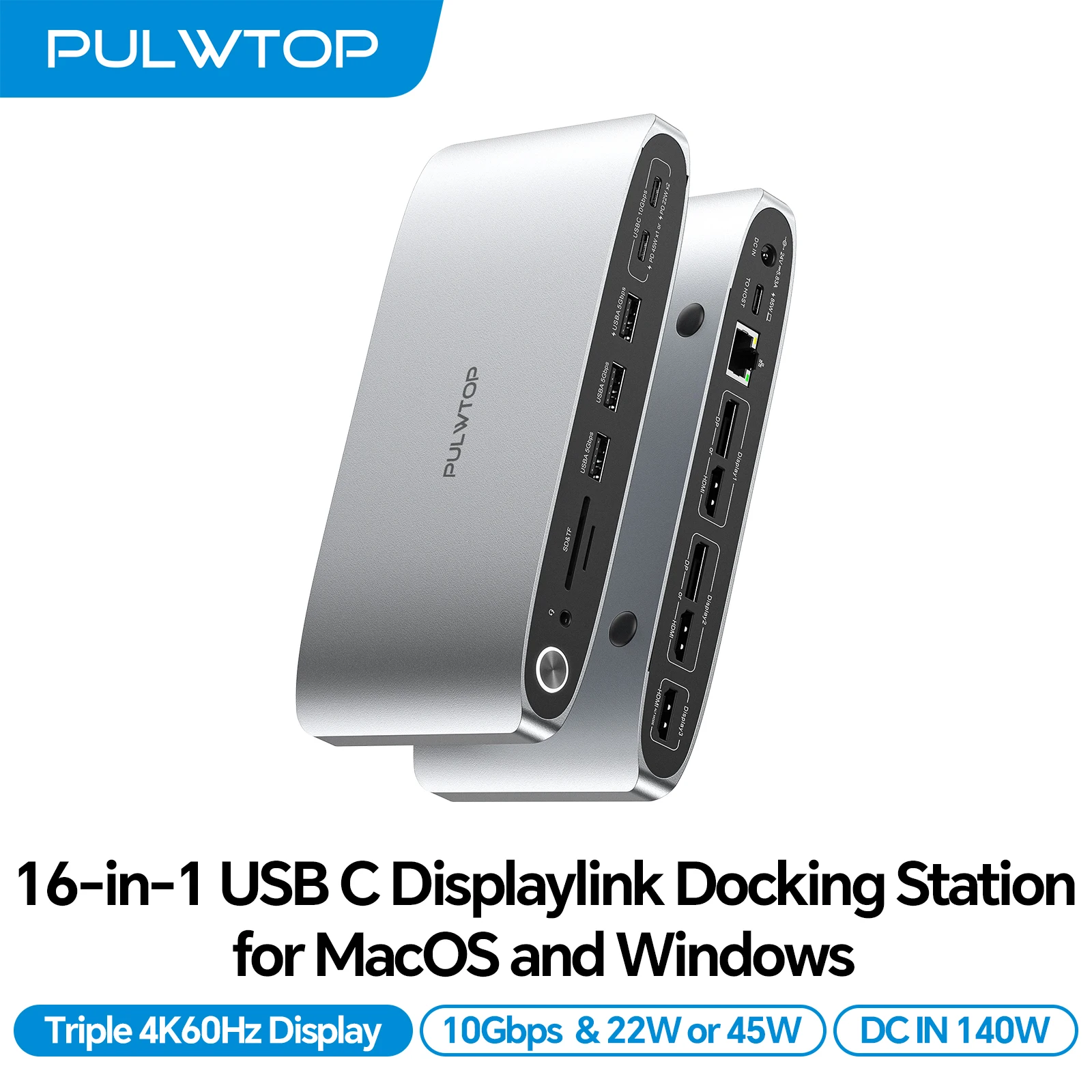 PULWTOP DisplayLink Triple Monitor Dock, 140W PSU, 4K@60Hz, USB-C/USB 3.0, Windows/Mac M1-M3, 3 HDMI & 2 DP, 5 USB-C/A Ports