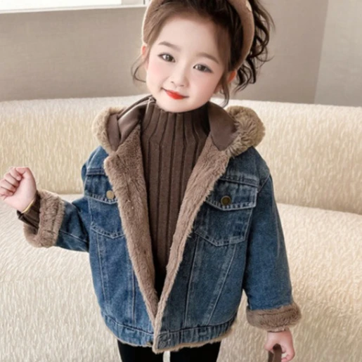 

Coat 2025 Autumn and Winter New Children's Clothing Korean Style Boys and Girls Fashion Denim with Velvet Warm Jacket Cotton