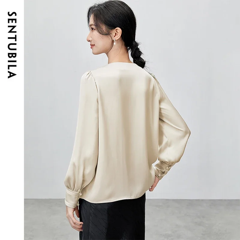 SENTUBILA Elegant Satin Blouse Women 2025 Spring Chiffon Straight Hollow Out Tassel O Neck Chinese Style Women Tops 143V58117X