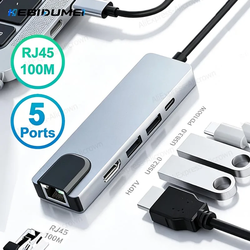 KEBIDUMEI 5 IN 1 USB C HUB Type C to RJ45 100M Docking Station USB 3.0 5Gbps High Speed Splitter HDMI-compatible 4K30Hz Adapter