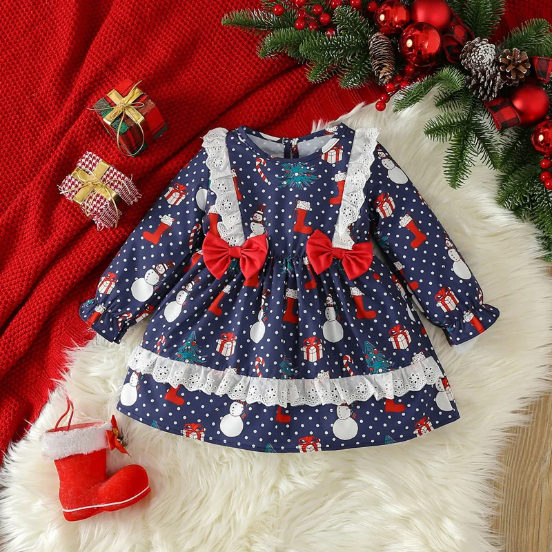 

Cute Baby Girl Holiday Dress Reindeer Print Crew Neck Long Sleeve Tulle Ruffle Hem Party Dress for Christmas