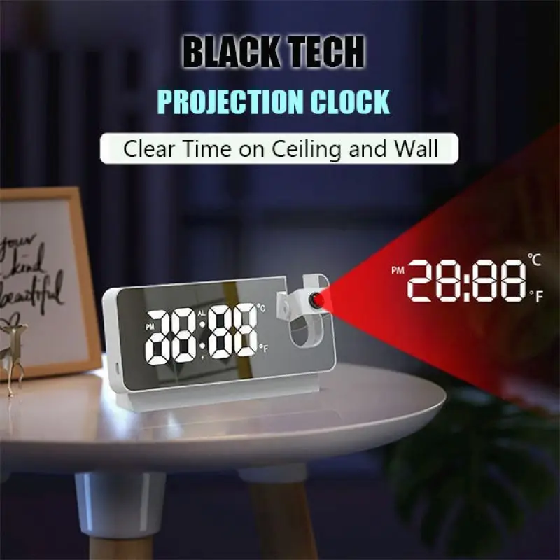 180° Arm Projection Digital Alarm Clock Temperature Humidity Night Mode Snooze Table Clock 12/24H USB Projector Colorful LED