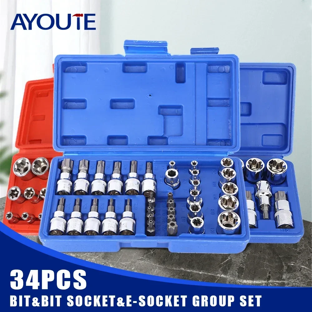 

34Pcs Torx Star Sockets & Bit Set Male / Female E-Security Bits Drive Handheld Tool Torque Star Socket Car Repair Tool Set