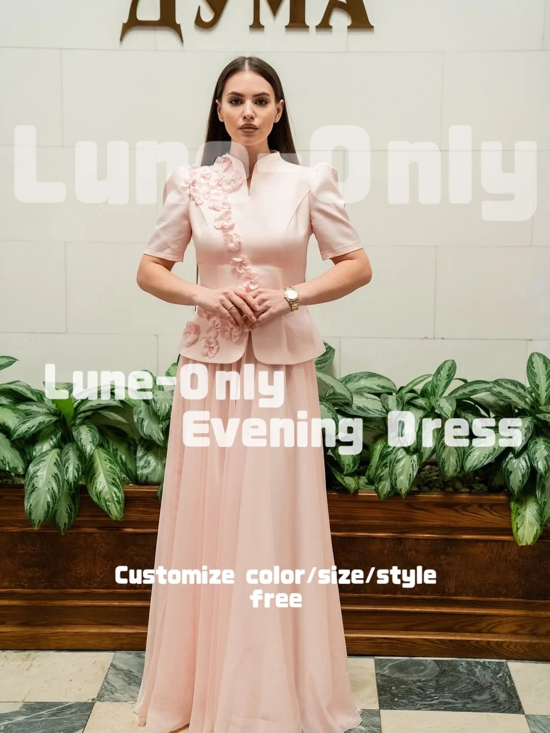 تخصيص الزهور الوردية طويلة الأكمام الدعاوى الحلو النساء فساتين السهرة أنيقة حزب ثوب ألف خط حفلة موسيقية اللباس الرسمي #2