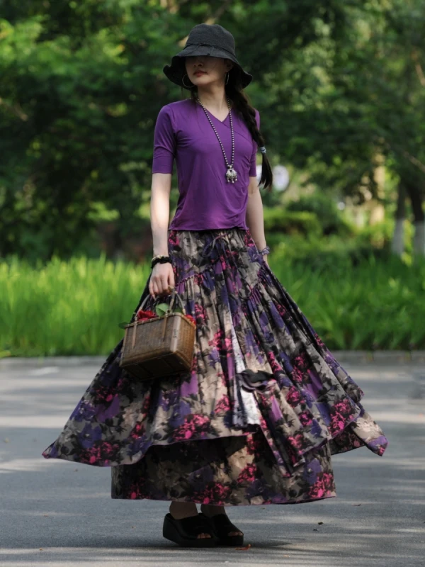 TIYIHAILEY Flower Print Skirts Long Maxi A-line Elastic Waist Women Summer Cotton S-2XL 2025 New Purple Big Hem Ladies Clothing