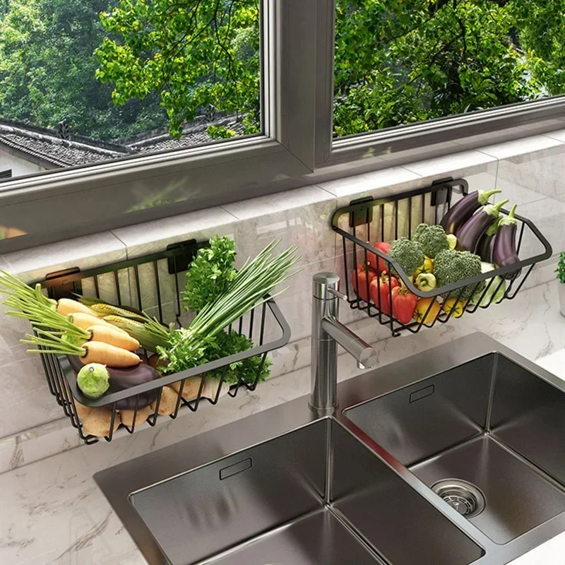 Kitchen Storage Basket Stainless Steel Fruit Vegetable Drain Storage Organizer Wall Mounted Spice Rack Dish Shelf Kitchen Tool