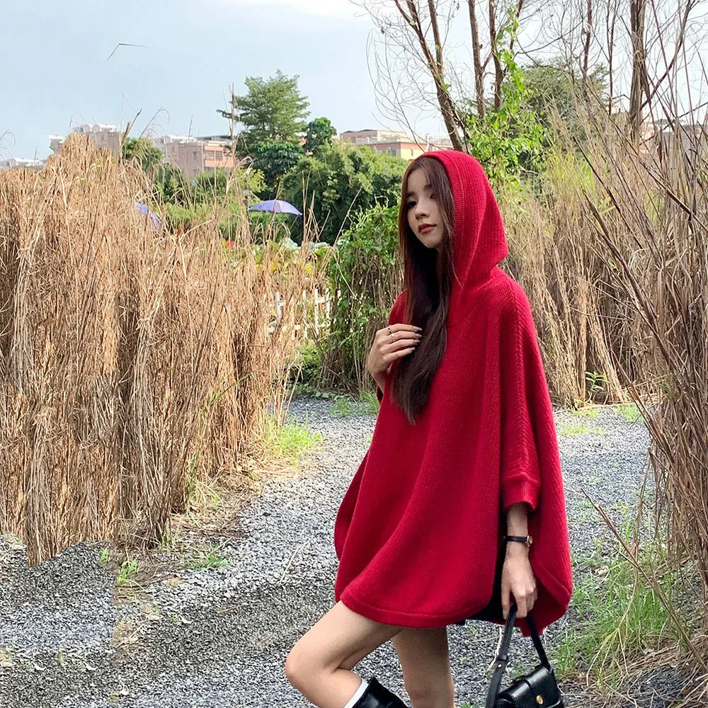 2024 Spring Autumn New Hooded Capes Ladies Fashion Batwing Sweater Pullovers Loose Streetwear Woman Cloaks Casual Red Shawls