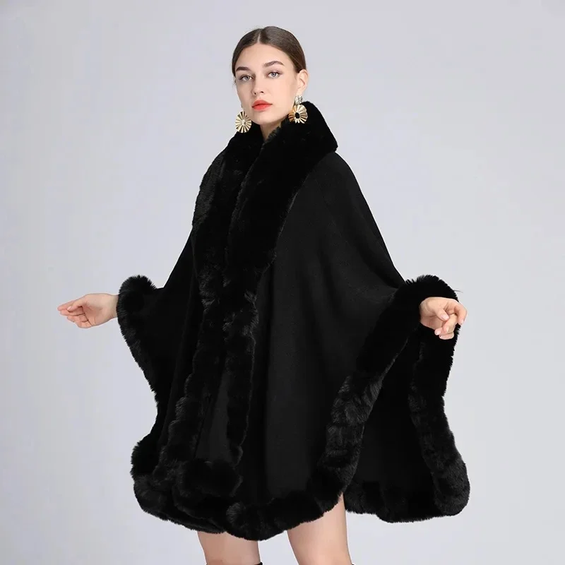 Europe America New Imitation Otter Rabbit Fur Collar Hooded Imitation Cashmere Loose Ponchos Women Capes Khaki Cloak