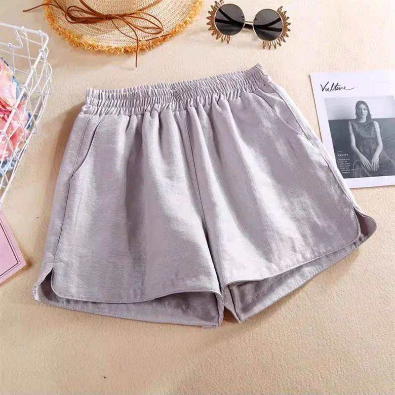 New Summer Hot A Line Loose Casual Shorts Women Elastic High Waist Cotton Linen Wide Leg Shorts Female Split Solid Sports Shorts
