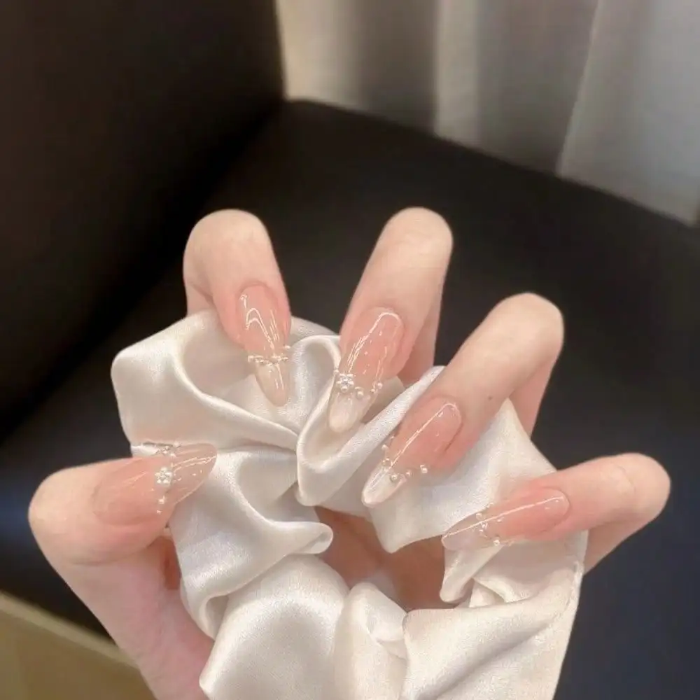 

24Pcs Elegant Nude Almond Pearl Cluster French Tip Glitter Press On Nails Sweet Girls Gift