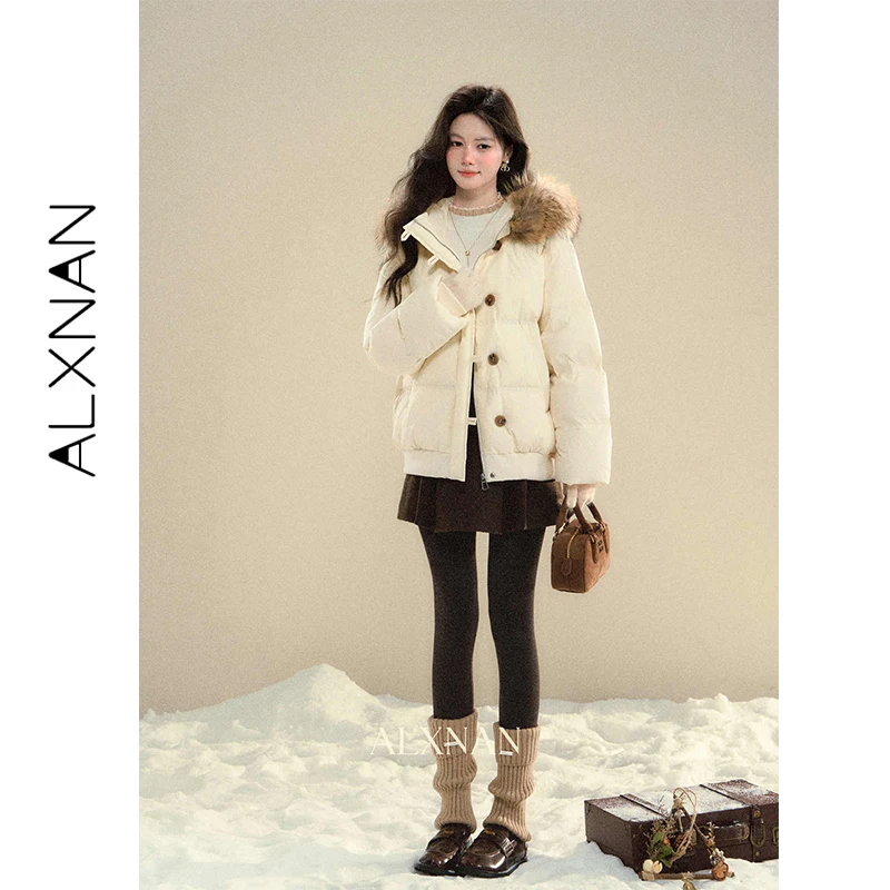 ALXNAN Women's 90% White Duck Down Coats Hooded Luxury Faux Fur Trim Jacket Winter Loose Cropped Warm Female Jackets L59917