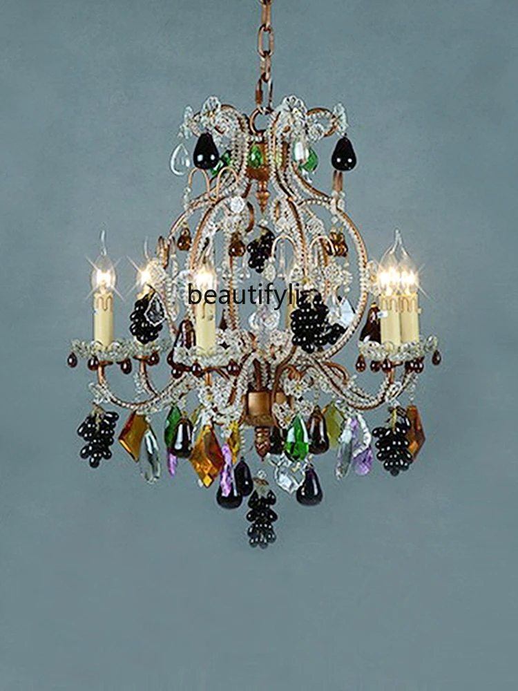 Color Crystal Chandelier Art European-Style Retro Living Room Chandelier Duplex Villa Lighting