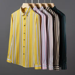 Men Spring Summer Comfortable Vertical Striped Strech Mens Dress Shirts Long Sleeve Soft Business Work Shirt  No Pocket Male