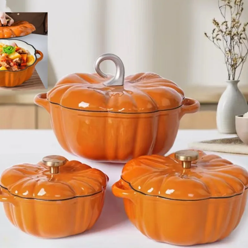 3.7L Enamel Coated Cookware Pumpkin Enameled Cast Iron Cooking Pot NonStick Enamel Pot Casserole Dish 12inch for All Heat Source