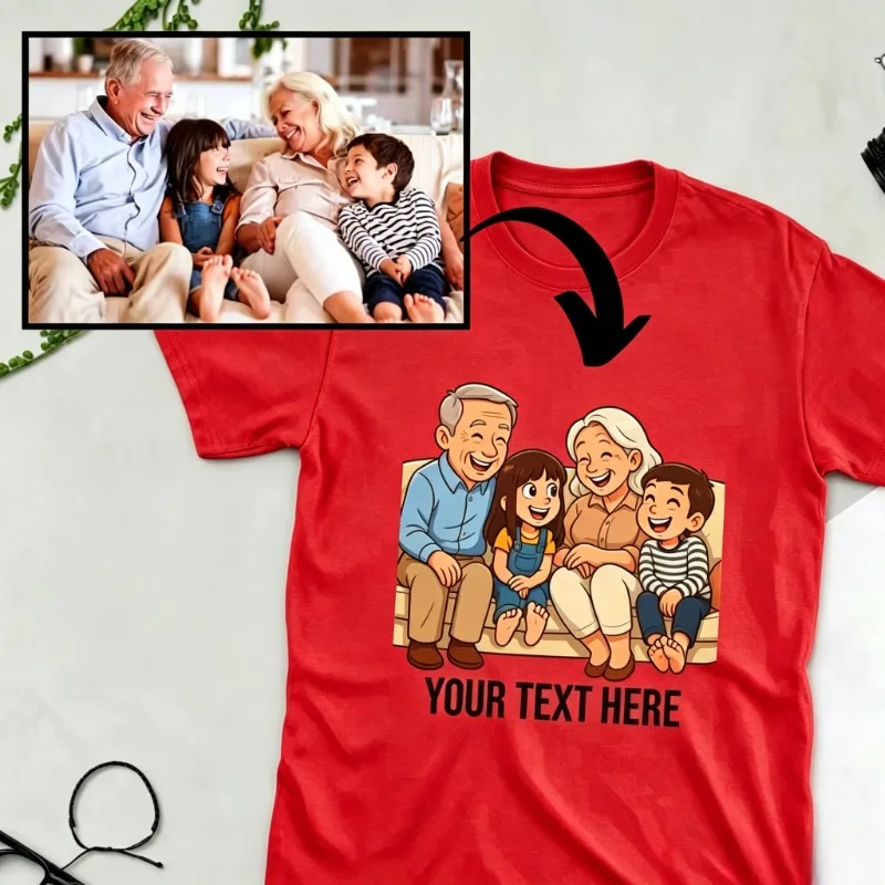 Custom Cartoon Family Portrait T Shirt Personalized Photo Convert To Cartoon Tee Custom Text Gift For Grandparents Family Cotton
