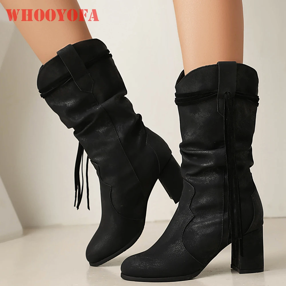 2026 Winter Mature Women Mid Calf Motorcycle Boots Round Toe High Heels Wide Fit Lady Party Shoes Large Size 11 45 48