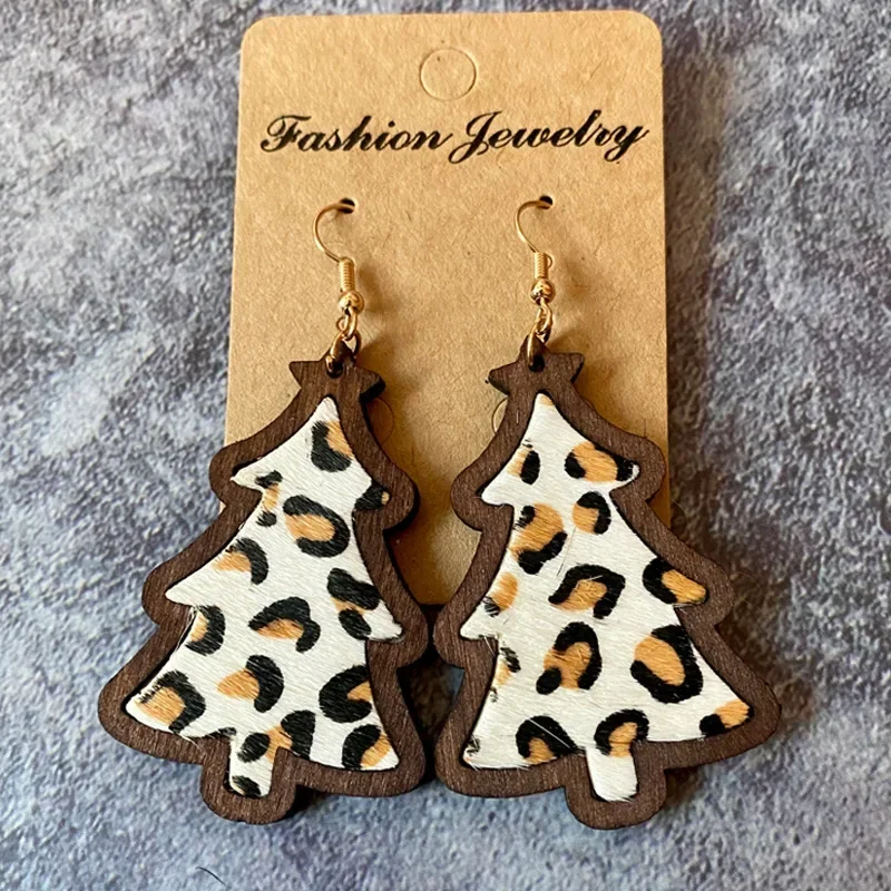 Retro Western Christmas Wood Earrings Bohemian Horse Hair Inlaid Genuine Xmas Tree Leather Earrings for Women Christmas Gifts