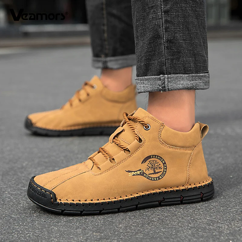 Mid Top Leather Men Walking Shoes Retro Handmade Casual Boots Anti-slip Comfort Outdoor Shoes for Traveling Daily Wear Size38-48