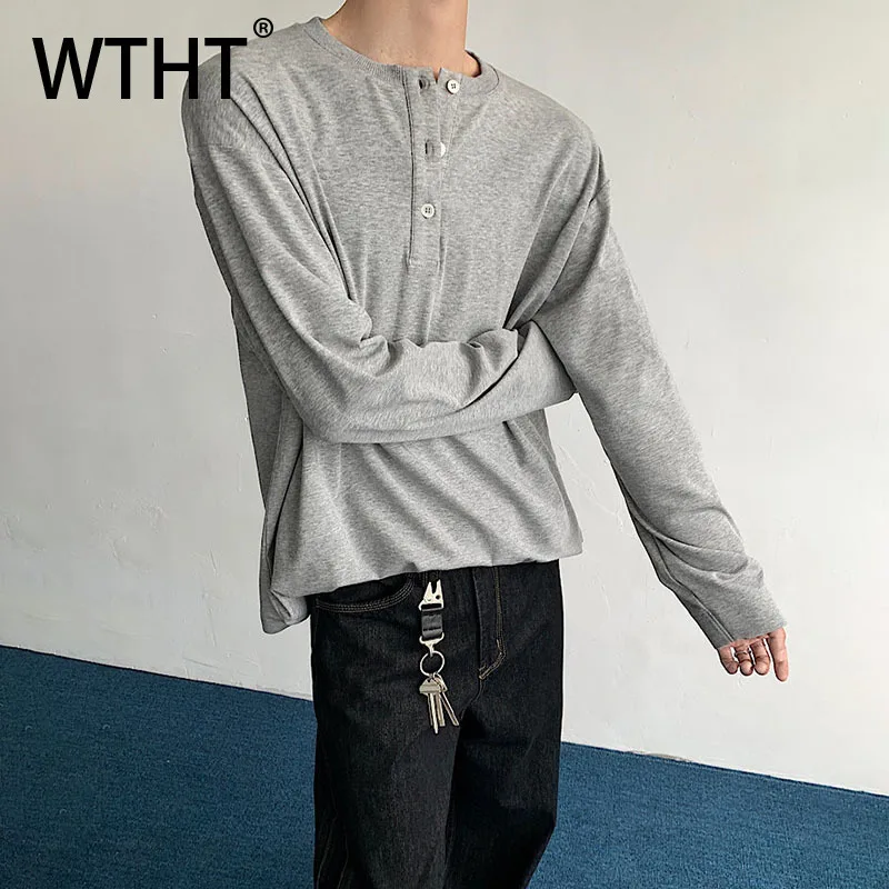 

WTHT Fashion Men's Solid Color Splicd Removable Design Casual T-shirts Trendy Nutton Long Sleeves Tops Male 2025 Autumn 2A1631
