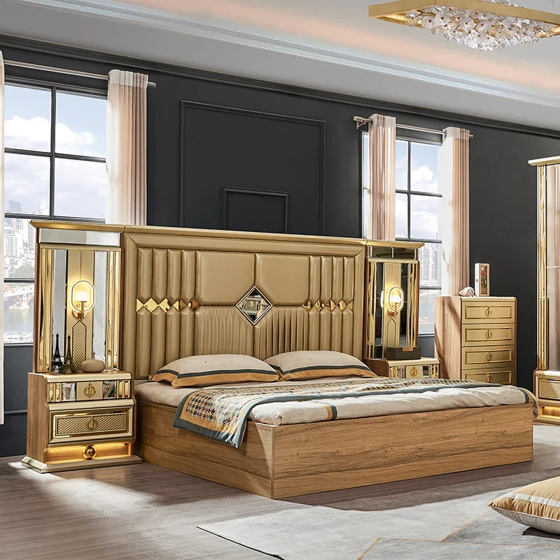 Juego de muebles de dormitorio dorados de lujo: cama + armario + cómoda, conjunto de almacenamiento con espejo, muebles de dormitorio glamorosos para el hogar