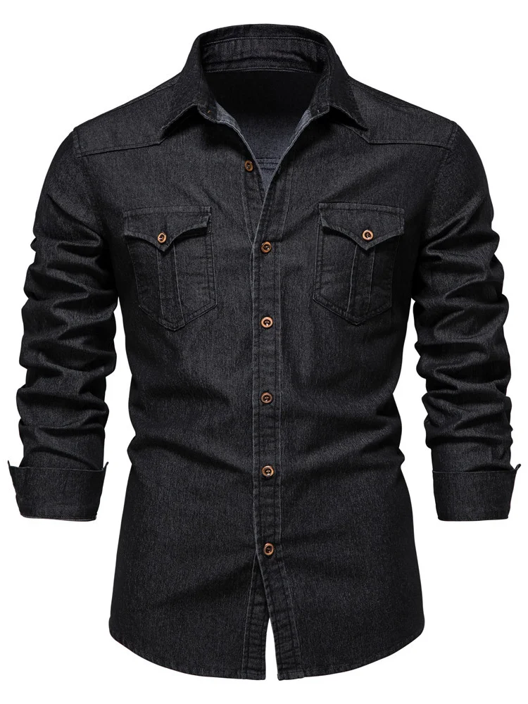 Men Vintage Denim Shirt Long Sleeve Slim Fit Lapel Pocket Casual Work Jean Shirts Male Button Down Tops