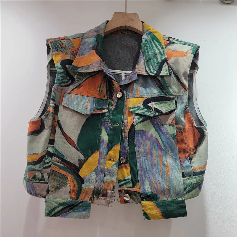 WTHT Fashion New Women's Colorful Print Lapel Denim Vest Elastic High Waist A-line Short Pants Female 2025 Summer 1LS2067