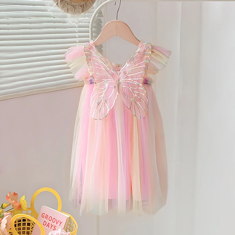 Baby Girls Gradient Rainbow Tulle Sling Dress 3D Butterfly Mesh Vestido Vintage Children Wedding Birthday Party Princess Dresses