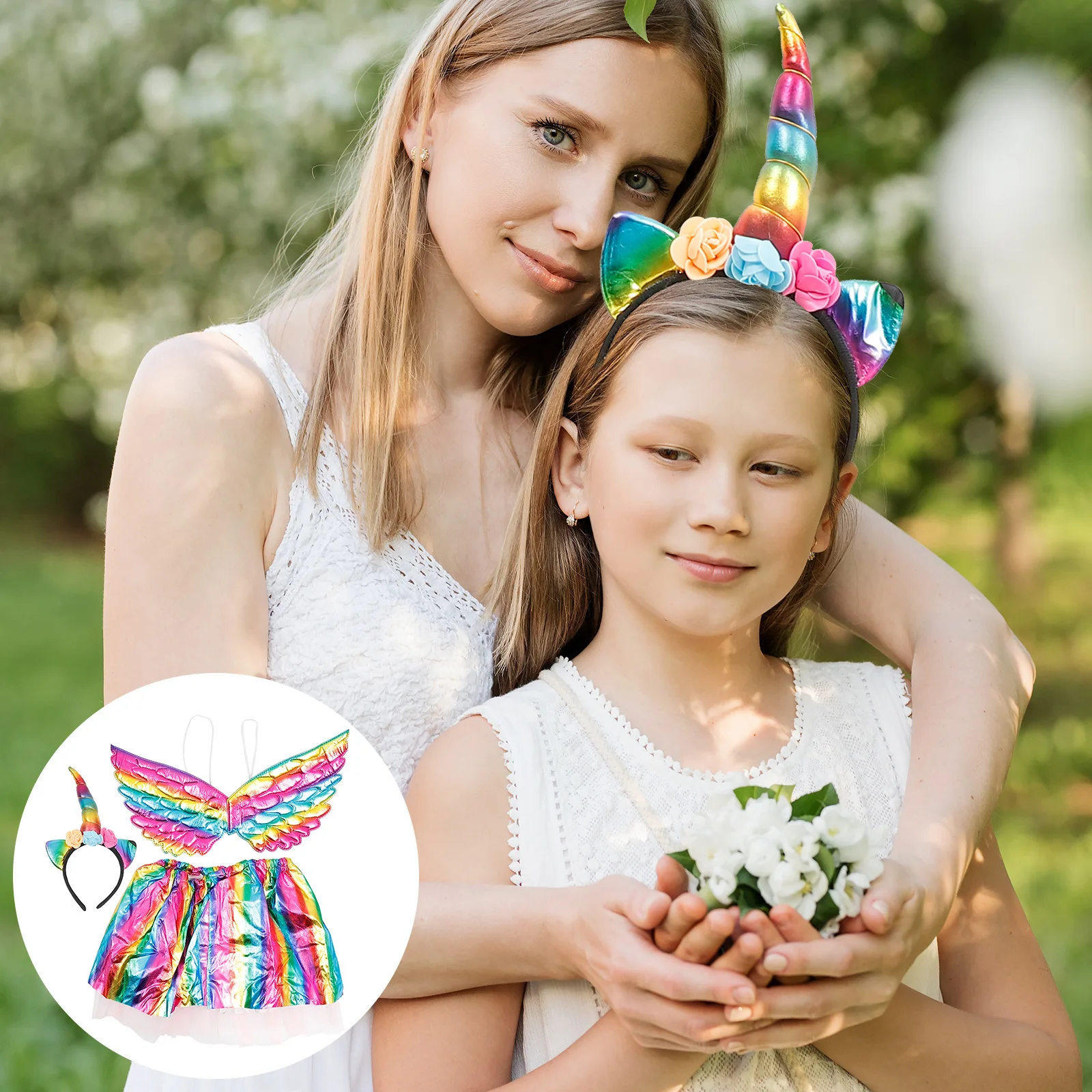 3Pcs 어린이 유니콘 머리띠 날개 스커트 튤 드레스 세트 무지개 색상 무대 파티 의상 스커트와 머리띠 세트