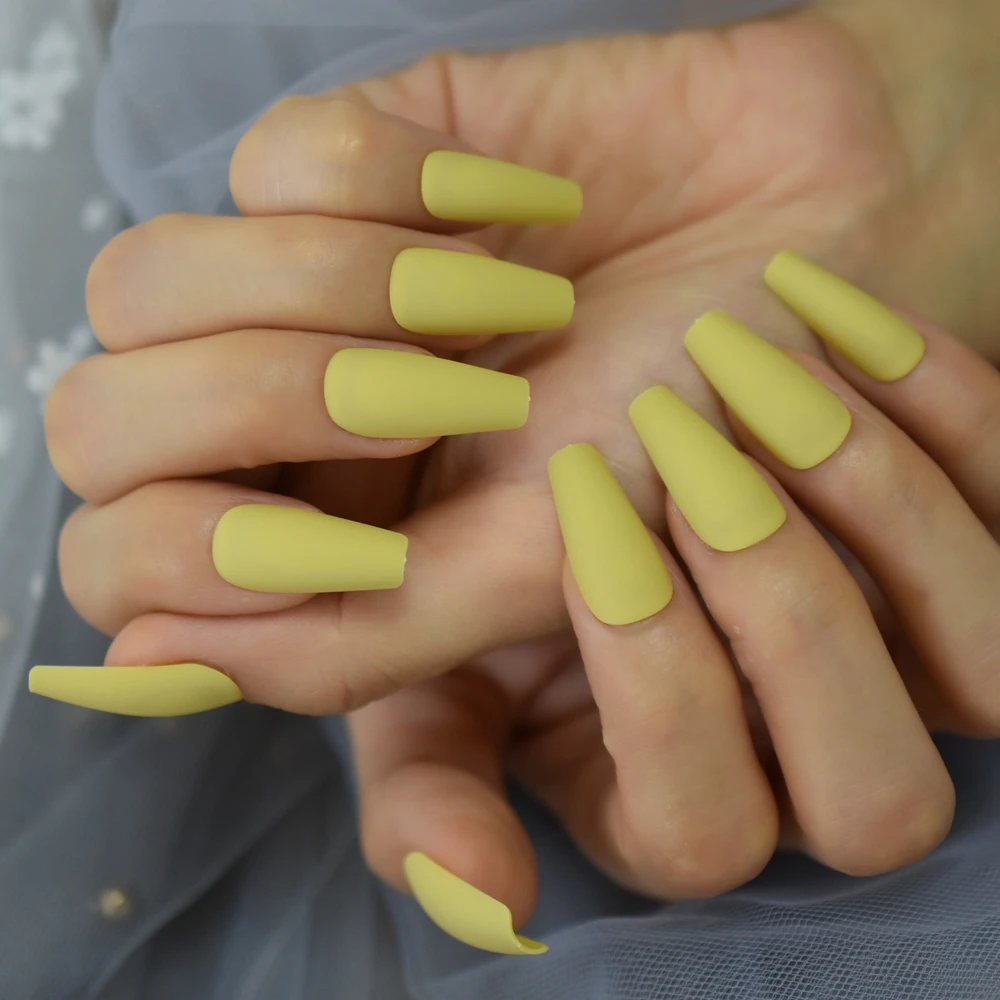 Ruber Matte Nude Fake Nails Coffin Yellow Rose Pink Green Ballerina Press On Fingernails Long Art Tips Full Set 24