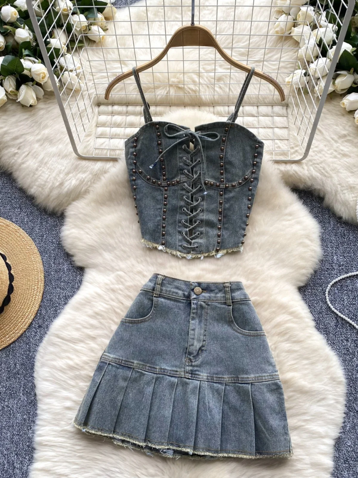 

Retro Spicy Girl Frayed Tie Design terne Denim Tube Top High Waist Slimming Skirt Set Women's Faion Ensemble