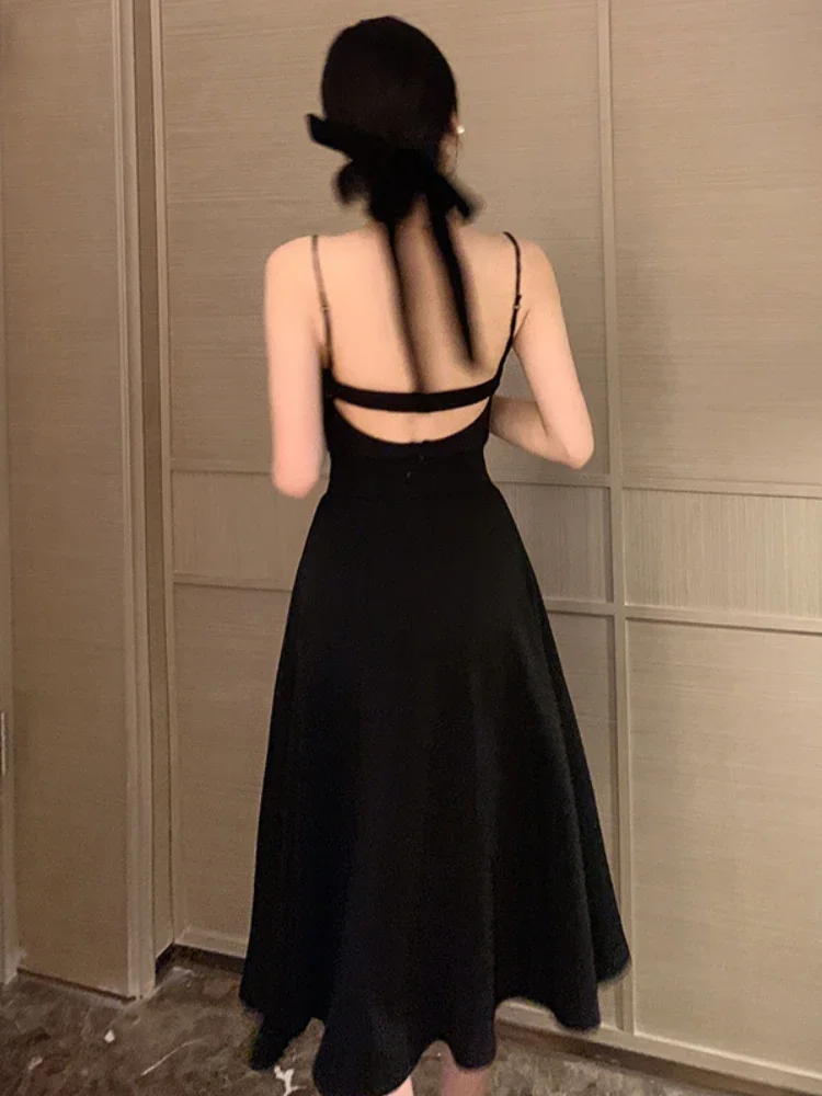 Black Backless Strap Dress Women Sexy Party Elegant Retro Midi Dresses Slim Designer Chic Holiday Casual Hepburn Dress 2022 New