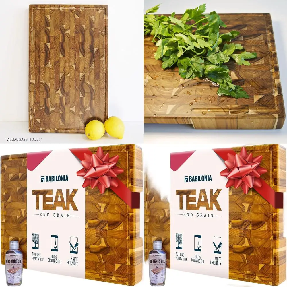 كتلة جزار كبيرة من خشب الساج السميك 1.7 |   لوح تقطيع الحبوب الفاخر بمقبض وزيت ولوحة |   19.7 لتر × 12.2 وات