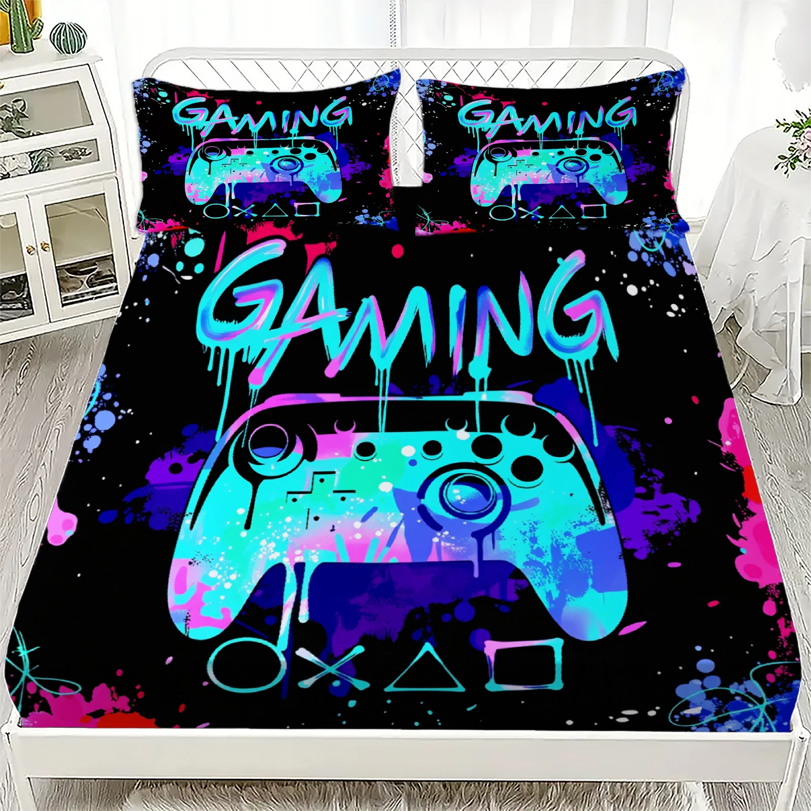 

Neon Graffiti Gaming Controller Fitted Sheet Set Colorful Gamer Bedding with Pillowcases For Boys Teens Bedroom Decor