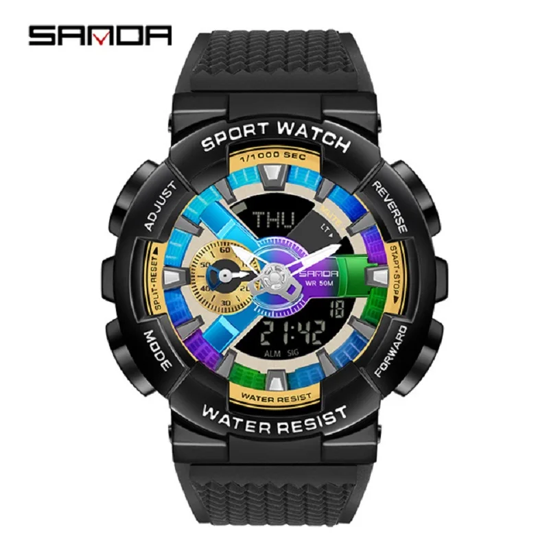 SANDA 9004 style hand lift lamp function creative personality men's double display synchronous movement electronic watch