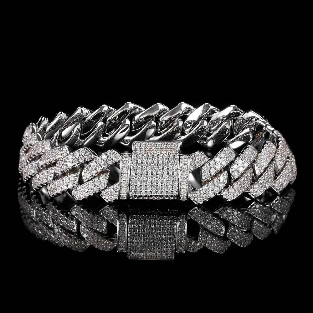 Promotion 14MM Prong Cuban Link Bracelet  Trend HipHop Men Women Iced Out 2 Row Rhinestone Paved Miami Rhombus Cuban CZ