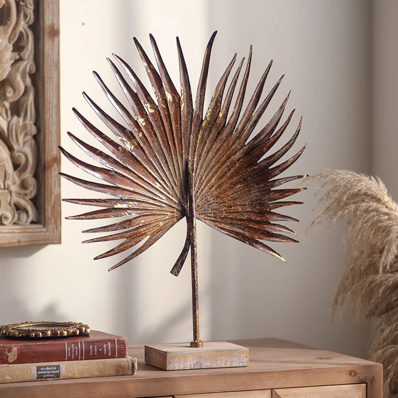 Escultura de hoja de palma, decoración rústica de mesa, arte de madera y hierro, acento bohemio moderno para el hogar, 46,5x10x56cm